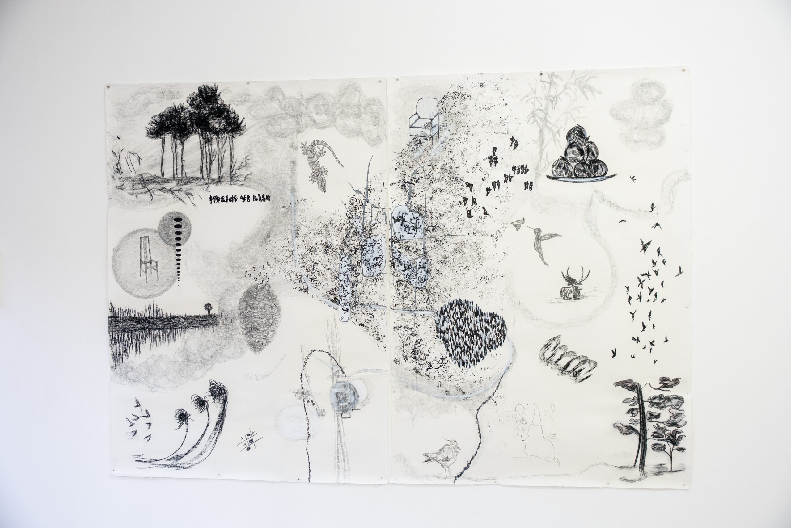 Copia de Los absurdos. Diptico. Carbonilla, grafito, tintas y acrilico sobre papel tailandes.140cm x 100cm c_u. 2025